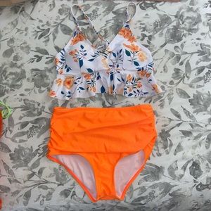 Orange and White Bikini set with high waist bottoms!